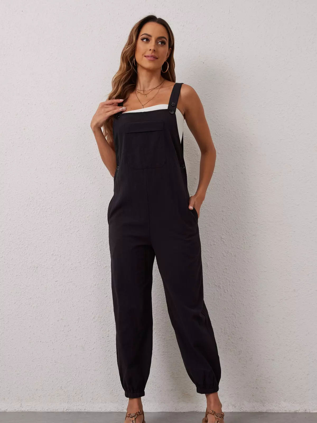 Solid Color Side Pockets Overall Jumpsuit, Casual Button Decor Sleeveless Backless Overall Jumpsuit For Spring & Summer, Women's Clothing