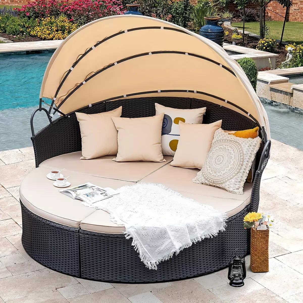 1pc Patio Sectional Rattan Daybed With Retractable Canopy, Outdoor Round Sofa Bed For Backyard And Garden, Black & Beige