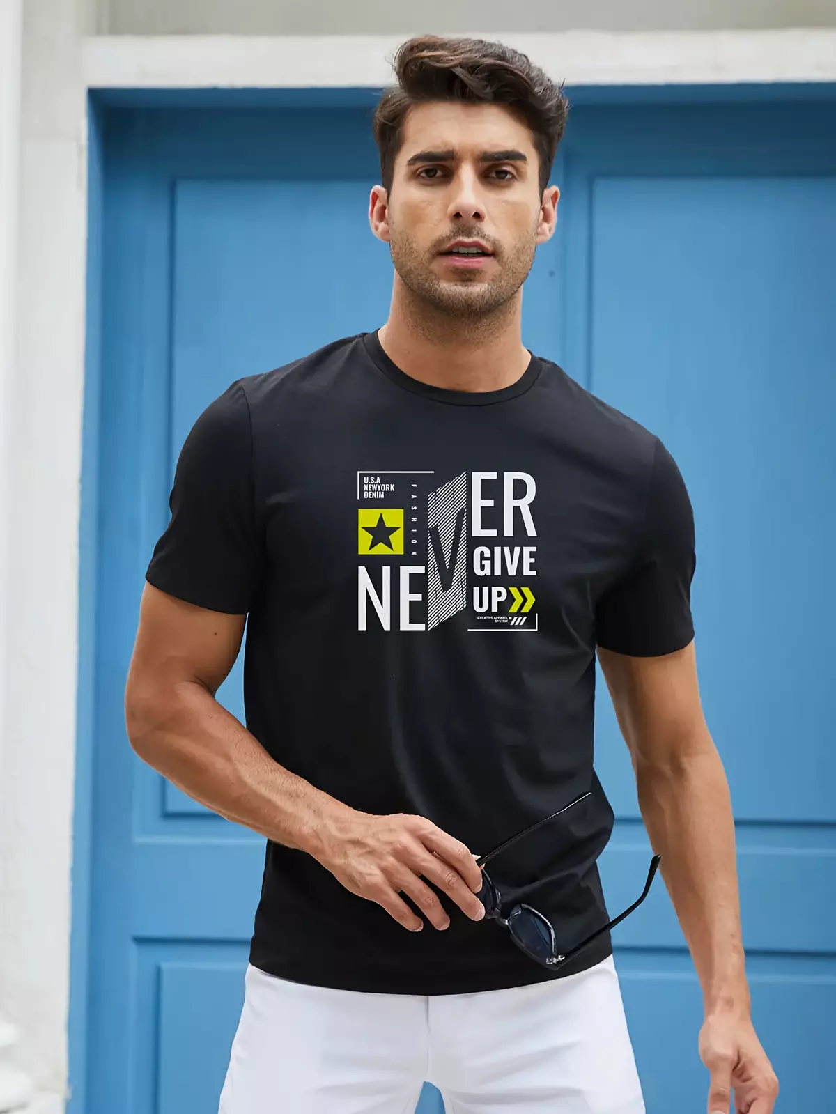 Never give up Fitted men's T-shirt that wicks sweat away and allows for freedom of movement