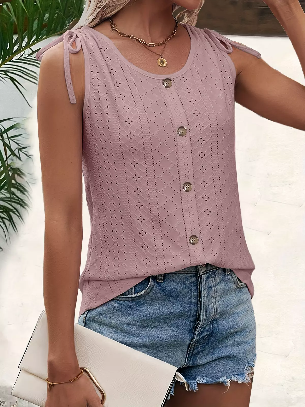 Eyelet Button Front Tank Top, Casual Sleeveless Tank Top For Summer, Women's Clothing-Pink Color
