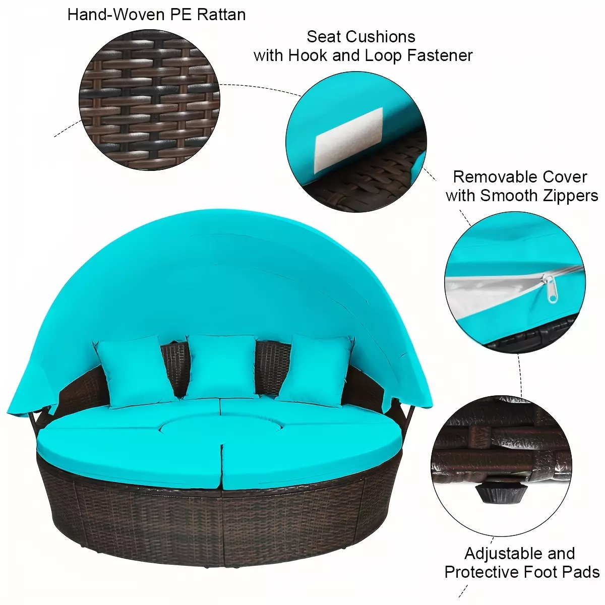 COSTWAY Patio Rattan Daybed Cushioned Sofa Adjustable Table Top Canopy Turquoise