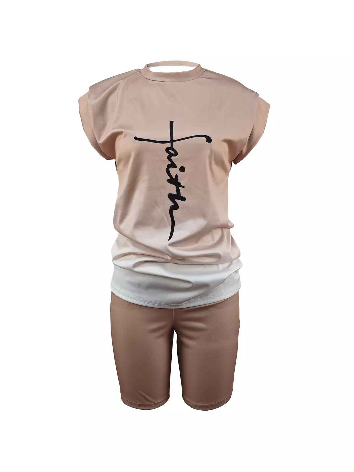 Casual Daily Two-piece Set, Faith Letter Print Short Sleeve Tops & Solid Shorts Outfits, Women's Clothing-Red Orange