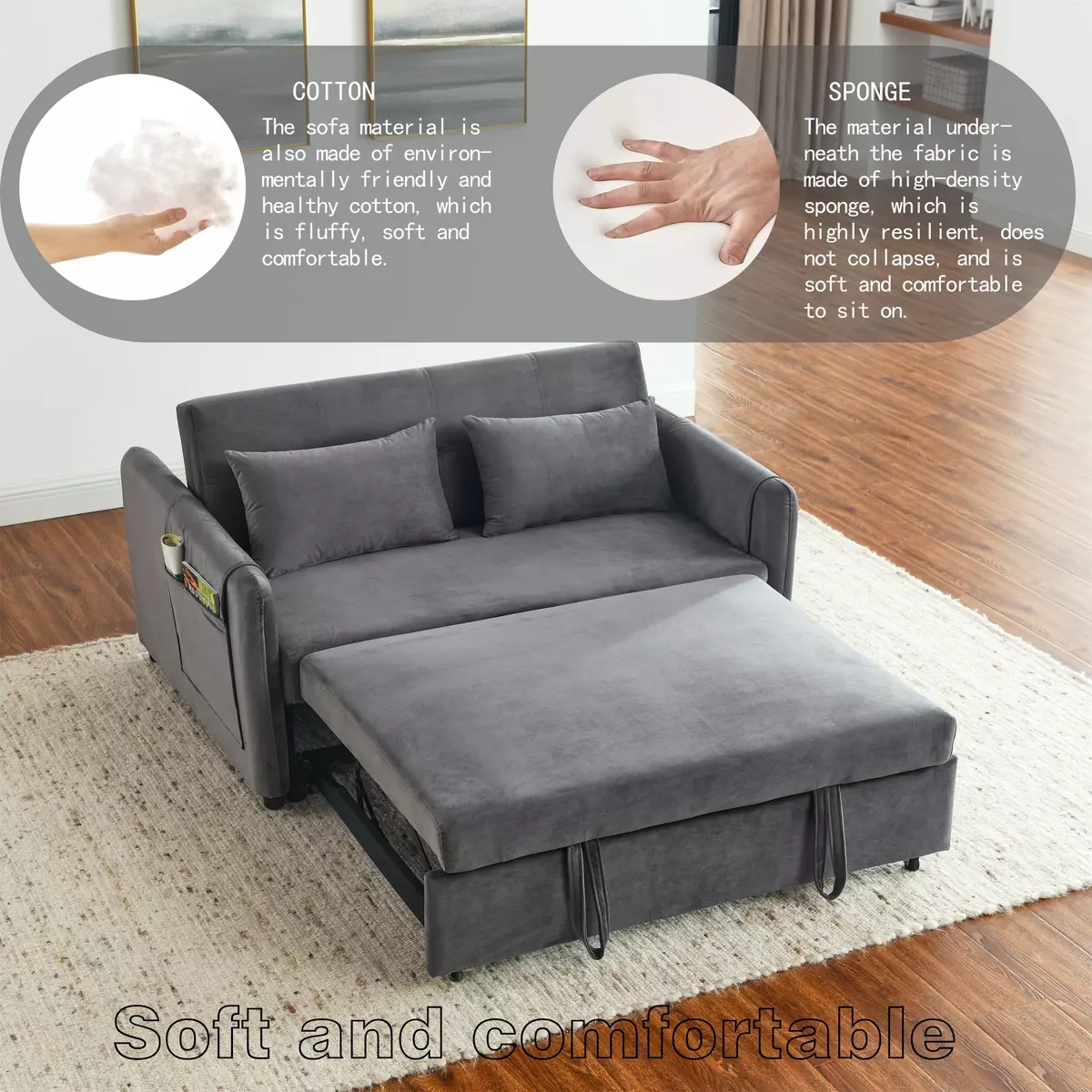 Convertible Sofa Bed, 3-in-1 Versatile Velvet Double Sofa with Pullout Bed, Adjustable Backrest, Lumbar Pillows, and Side Pockets, 54 Inch - Available in Grey, Black, and Blue-Black