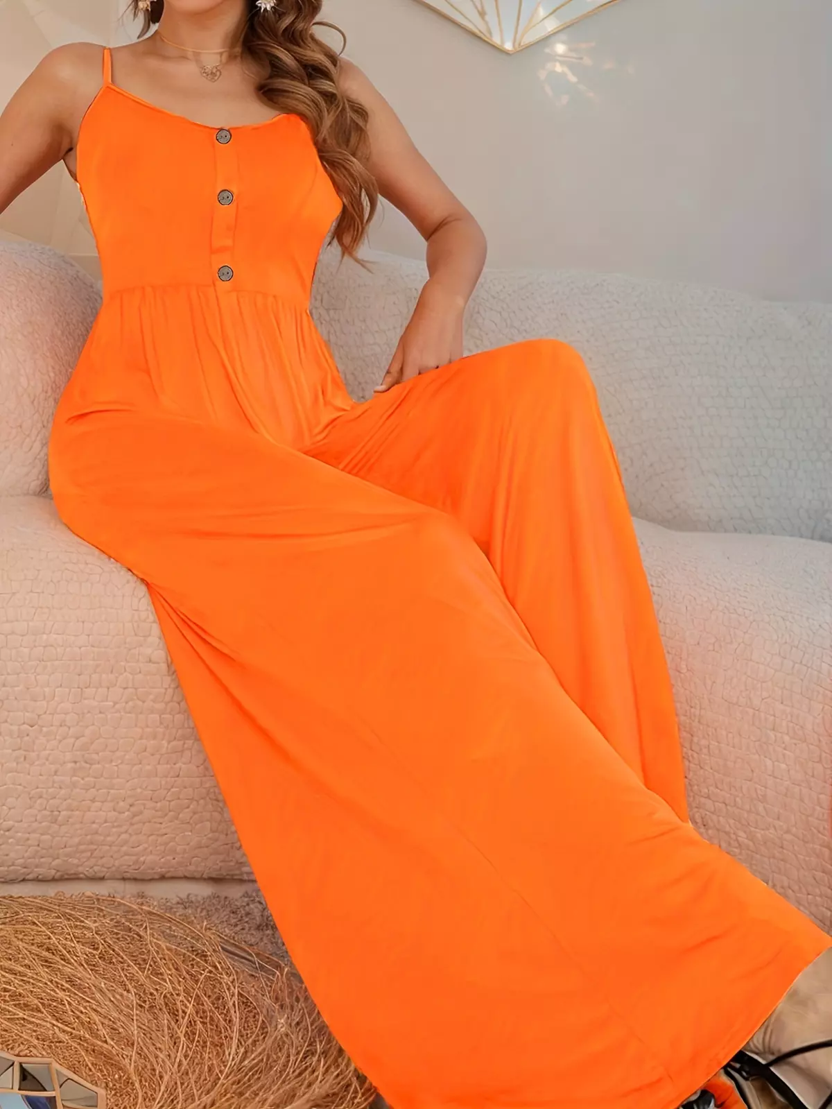 Button Front Wide Leg Jumpsuit, Elegant Solid Spaghetti Strap Backless Jumpsuit For Spring & Summer, Women's Clothing-Black