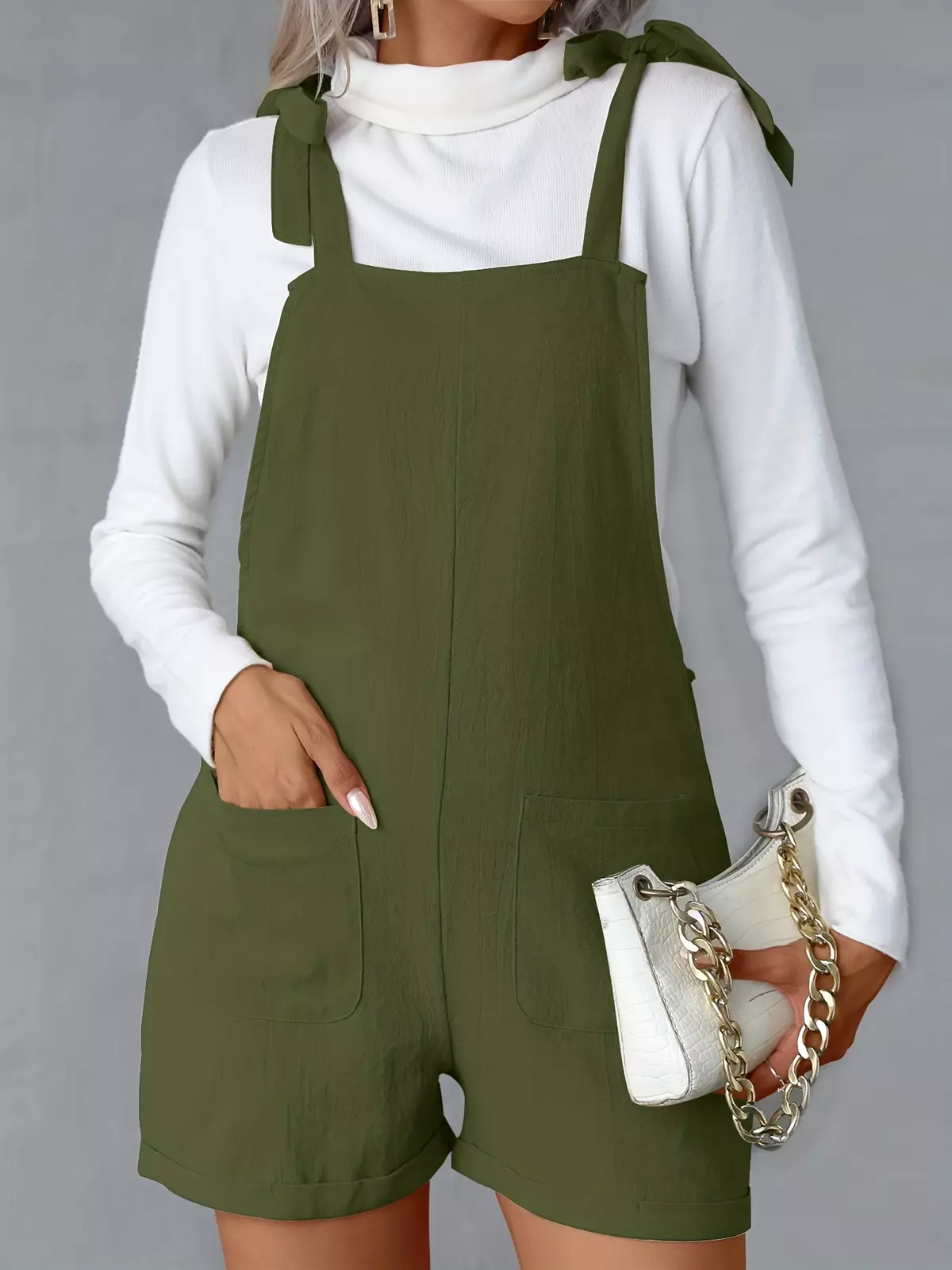Solid Knotted Dual Pockets Romper, Casual Sleeveless Jumpsuit For Spring & Summer, Women's Clothing-grey