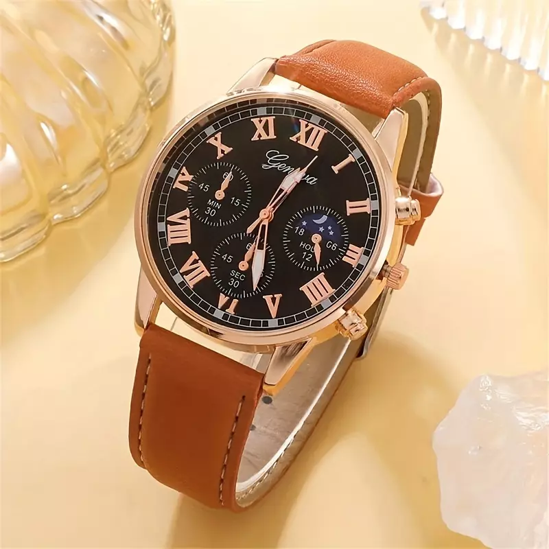 4pcs/set, Fashion Men's Business Casual Quartz Watch & Bracelets Set-4PCS Set Brown Gold
