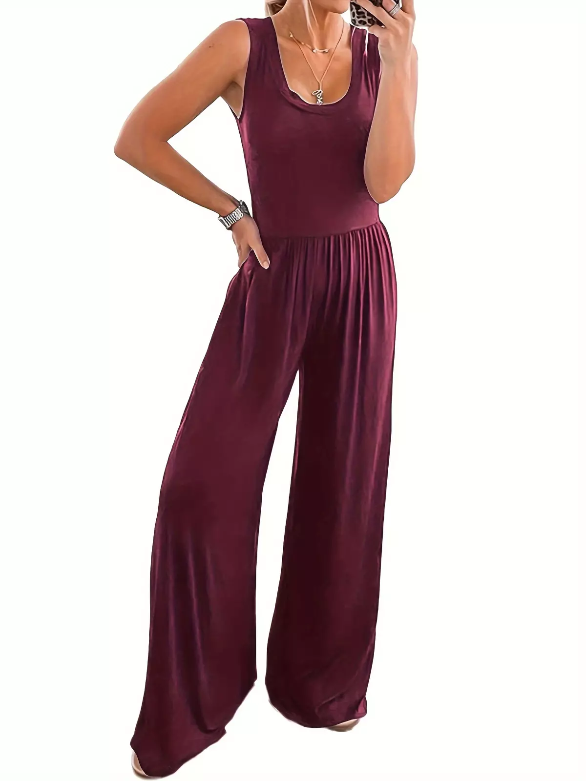 Women's Summer Sleeveless Tank Jumpsuits High Waist Low Cut Casual Scoop Neck Fit And Flare Long Pants Rompers-Purple Red