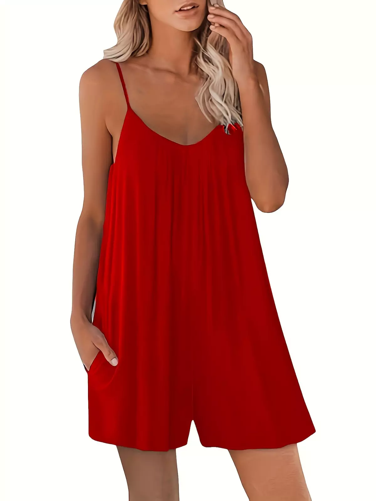 Solid Spaghetti Strap Romper Jumpsuit, Casual Sleeveless Cami Jumpsuit For Summer, Women's Clothing-Red