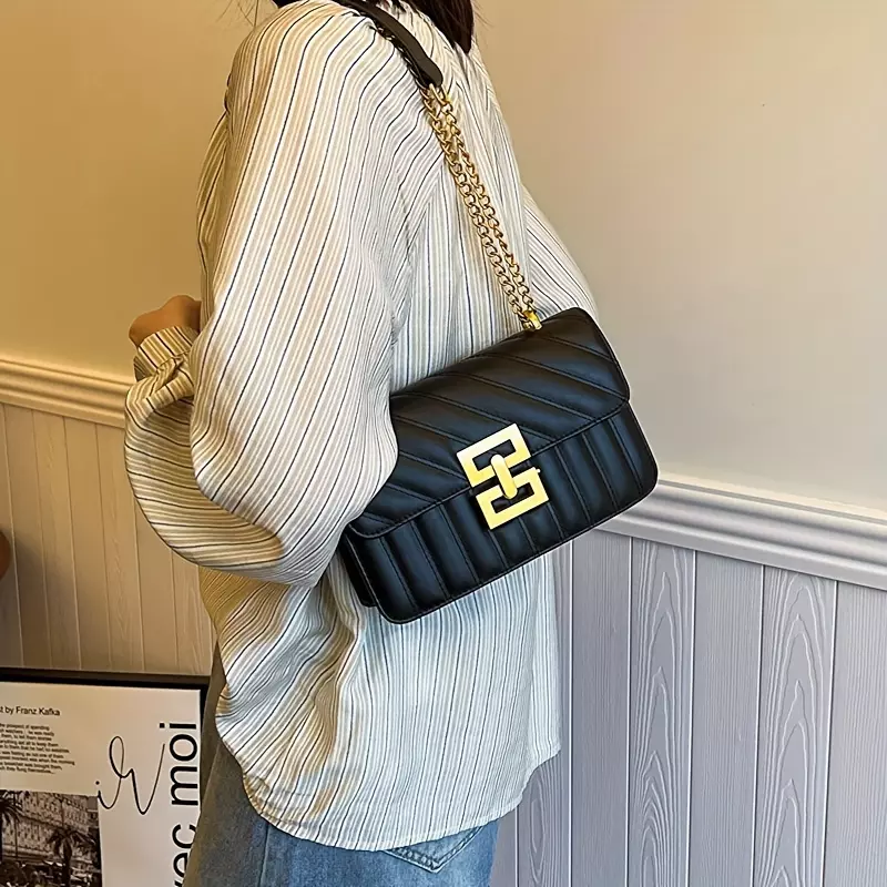 Fashion Women's Crossbody Bag - Casual Square Shoulder Purse With Chain Strap Ladies Shoulder Handbag-Black