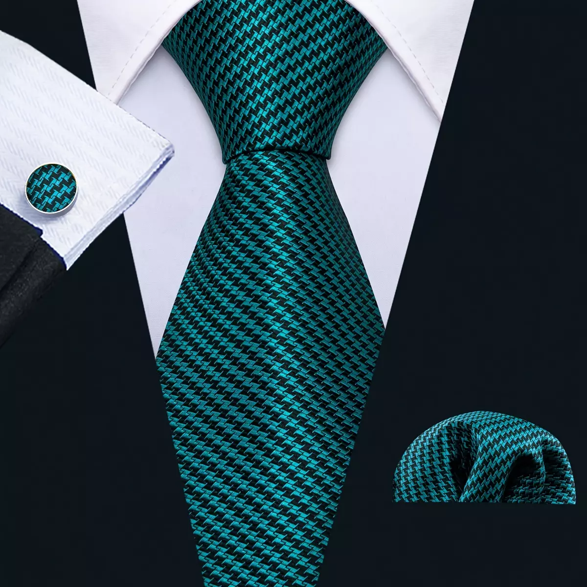 Barry.Wang Men's Jacquard Woven Necktie & Pocket Square & Cufflinks Set