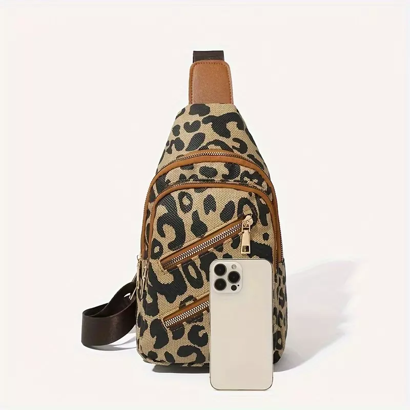 Leopard Print Sling Crossbody Bag, Fashionable Retro Chest Pack With Dual Zip Compartments-White