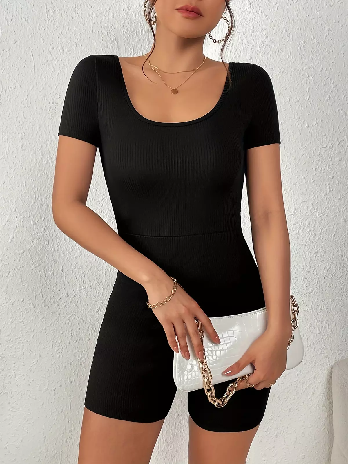 Solid Scoop Neck Slim Romper, Casual Short Sleeve Romper Jumpsuit For Summer & Spring, Women's Clothing