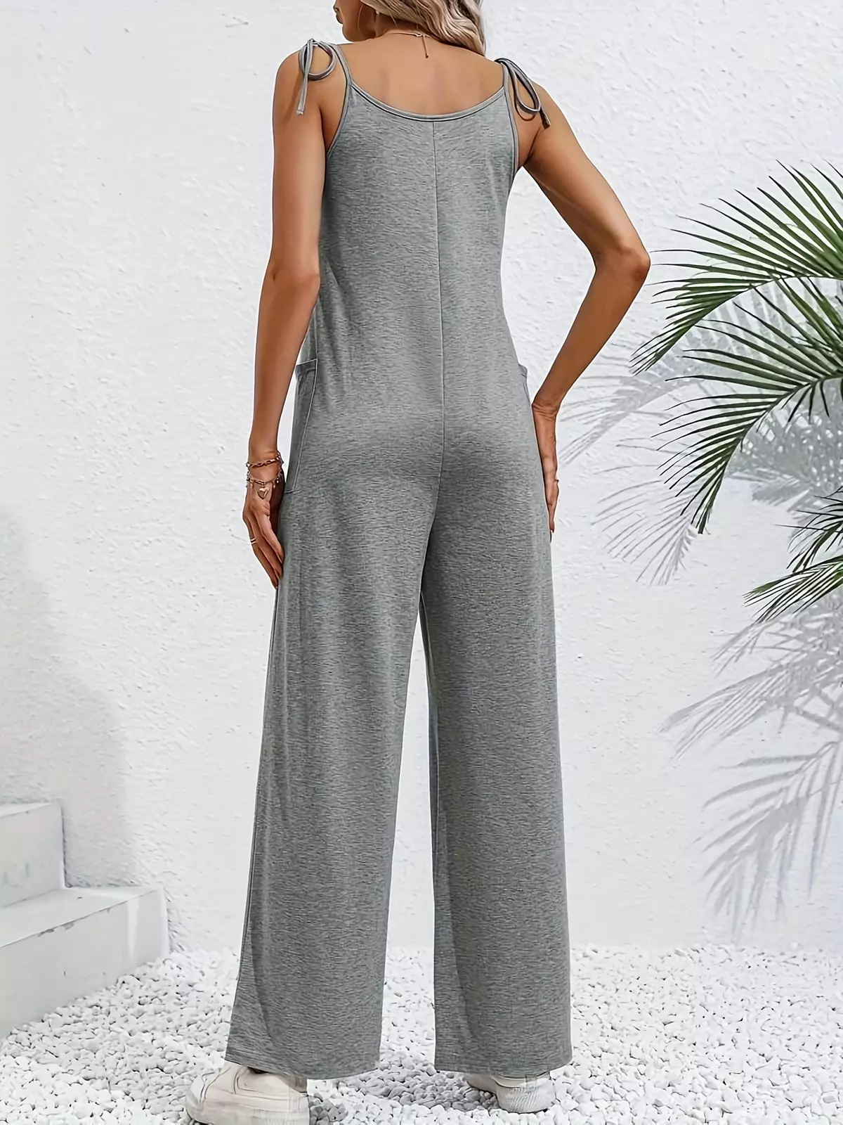 Solid Tie Strap Crew Neck Jumpsuit, Casual Sleeveless Patched Pocket Wide Leg Jumpsuit, Women's Clothing