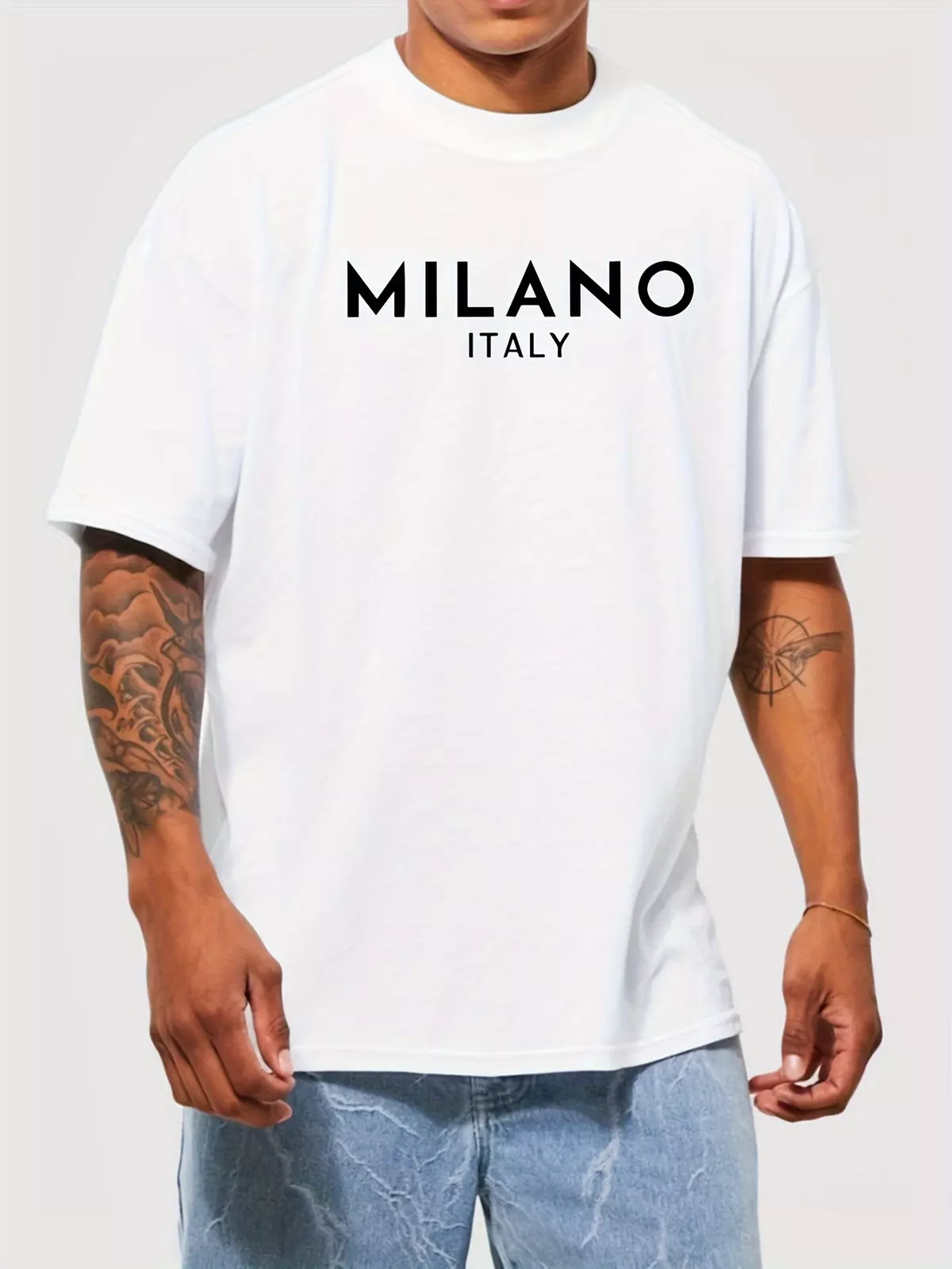 MILANO Print Men's Casual T-shirt, Short Sleeve Tee Tops, Summer Outdoor Sports Clothing-grey