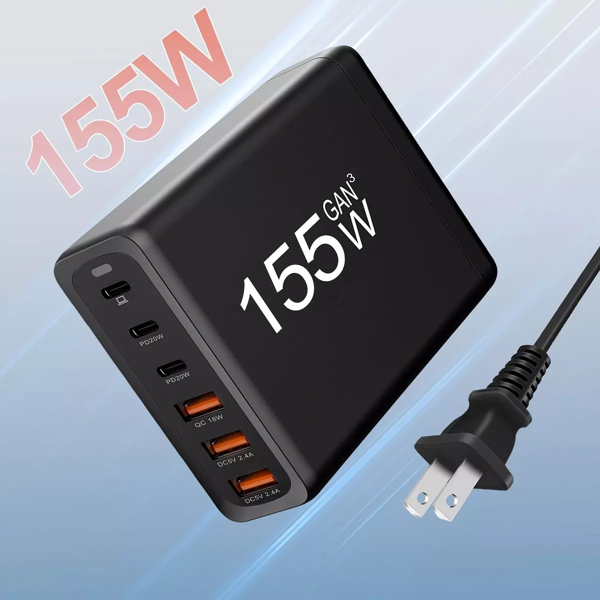 155W USB C Fast Charger Sacrack  Foldable Compact 6 Port PD Fast Charger Laptop Power Adapter for MacBook Pro/Air and All iPad Pro iPhone14 13/12 Galaxy Note20 S22 Pixel with 5Ft AC Extension Cord