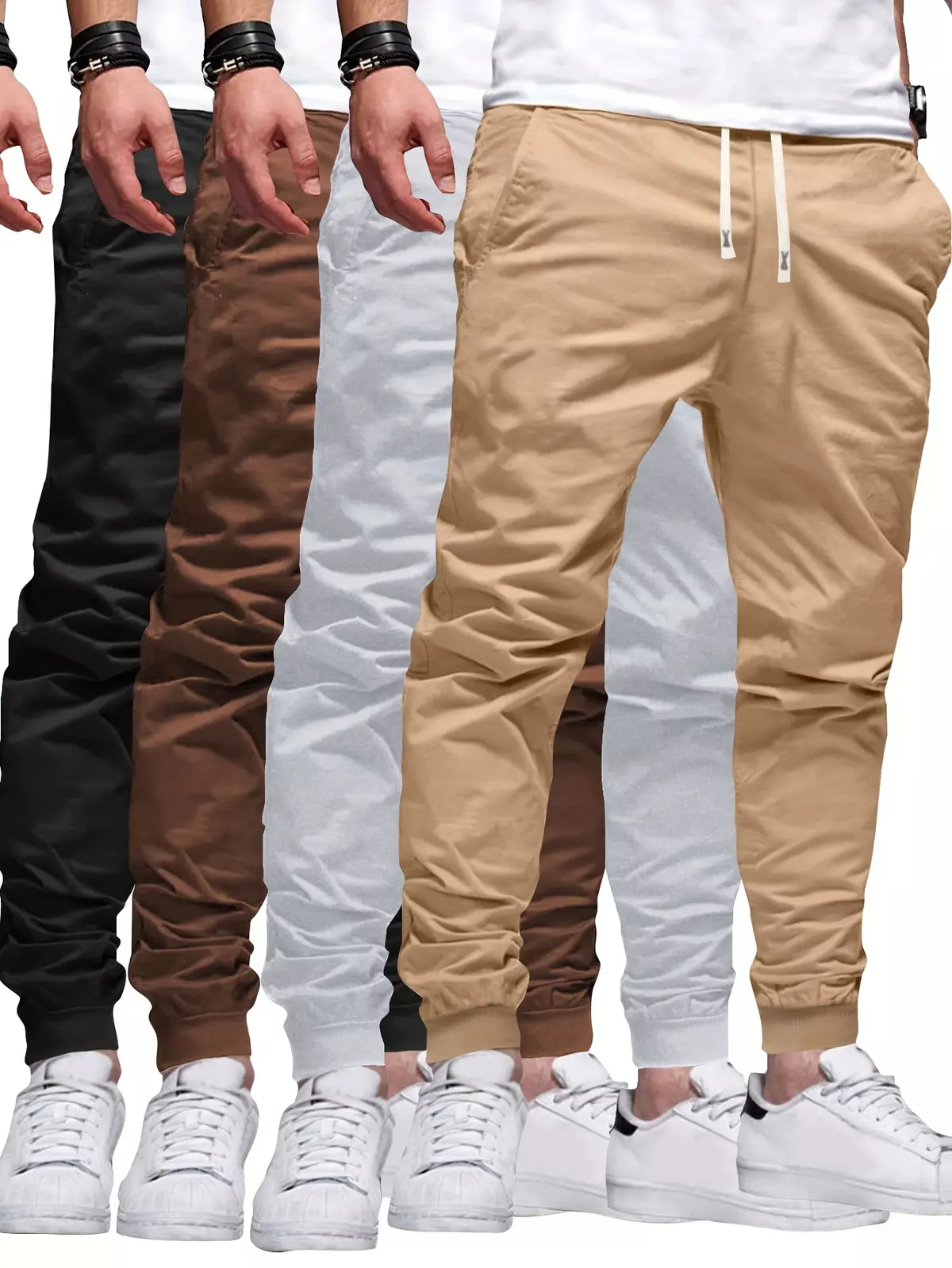 4pcs Men's Solid Drawstring Footed Sweatpants Men's Casual Slightly Stretch Joggers For Spring Autumn Running Jogging-Multicolor 3