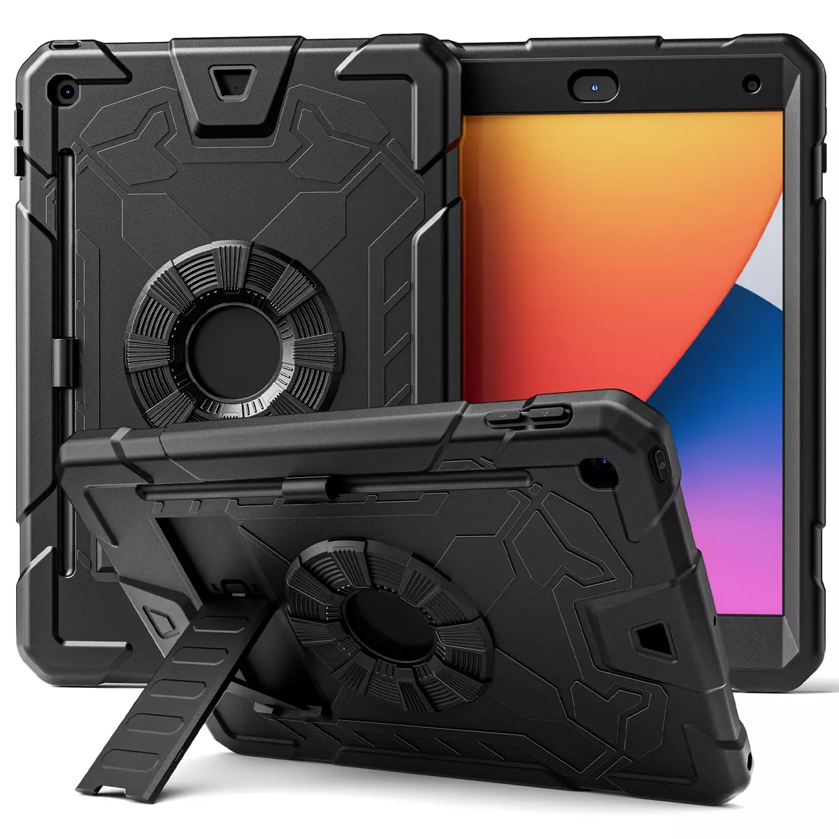 Flat protective cover is suitable for iPad7/8/9 10.2-inch 2019/2021 model, silicone protective cover with stable bracket, iPad7/8/9 generation heavy military-grade reinforcement protection (10.2-inch, 2019/2021)-Black