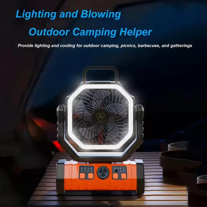 Outdoor Camping Fan With LED Light, 20000 Mah Rechargeable Battery Powered Portable Tent Fan, Quiet Strong Wind, Hooks, For Picnic, Barbecue, Fishing, Travel-Orange