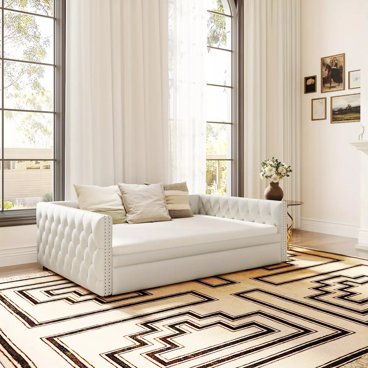 Full Size Daybed, Upholstered Tufted Sofa Bed with Trundle, Daybed with Button & Copper Nail on Square Arms, Full Daybed with Twin Trundle, White