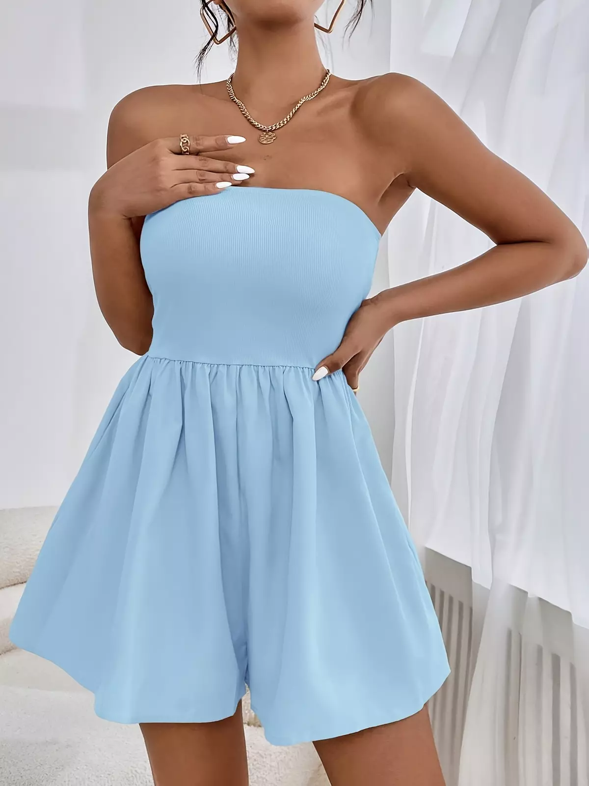 Solid Color Tube Romper Jumpsuit, Casual Pocket Romper Jumpsuit For Summer, Women's Clothing