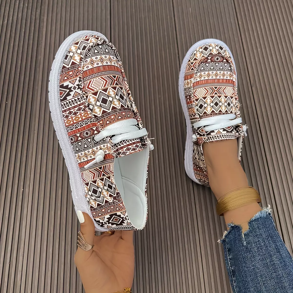 Women's Geometric Pattern Canvas Shoes, Casual Lace Up Outdoor Shoes, Lightweight Low Top Sneakers