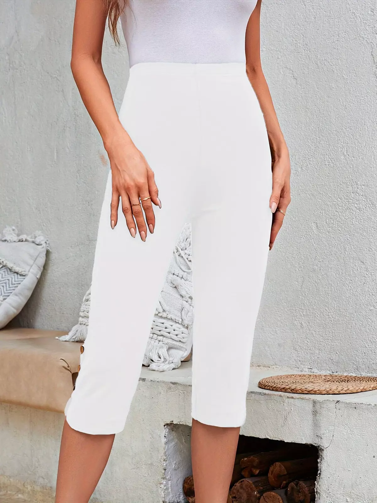 High Waist Skinny Capri Leggings, Casual Solid Leggings With Buttons, Women's Clothing-Navy Blue