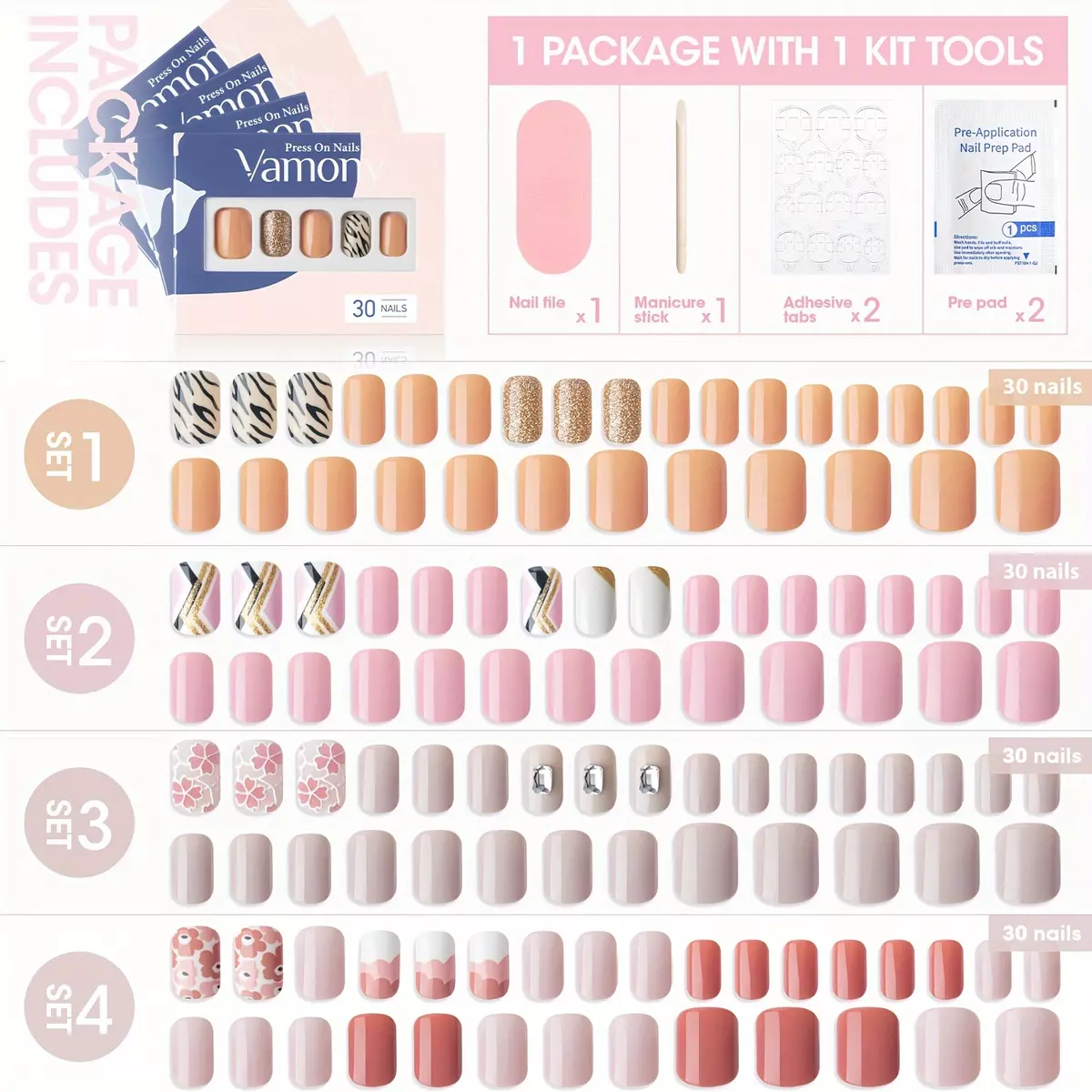 French Tip Press on Nails Short Square Fake Nails 120pcs Orange Pink False Nails Design Glossy Reusable Stick on Nails with Glue on Nails Natural Acrylic Artificial Nails for Women