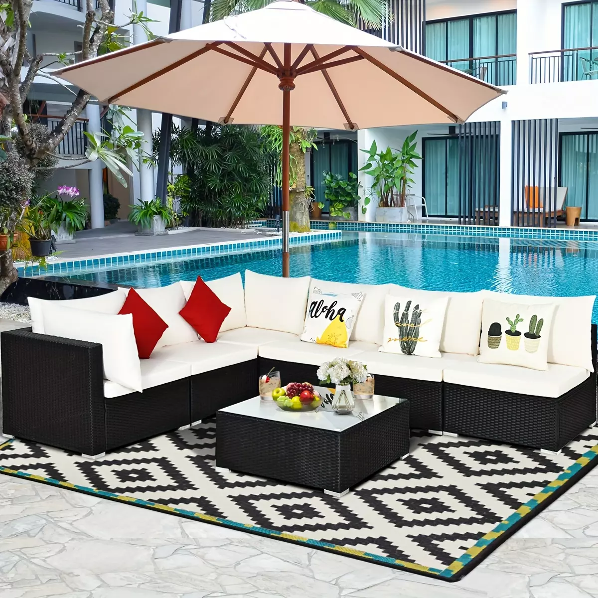 7pcs Patio Rattan Sofa Set, Beige Sectional Conversation Furniture Set, Garden Wicker Couch with Cushions for Outdoor, Poolside, Balcony, Yard – 29x29-inch Dimensions