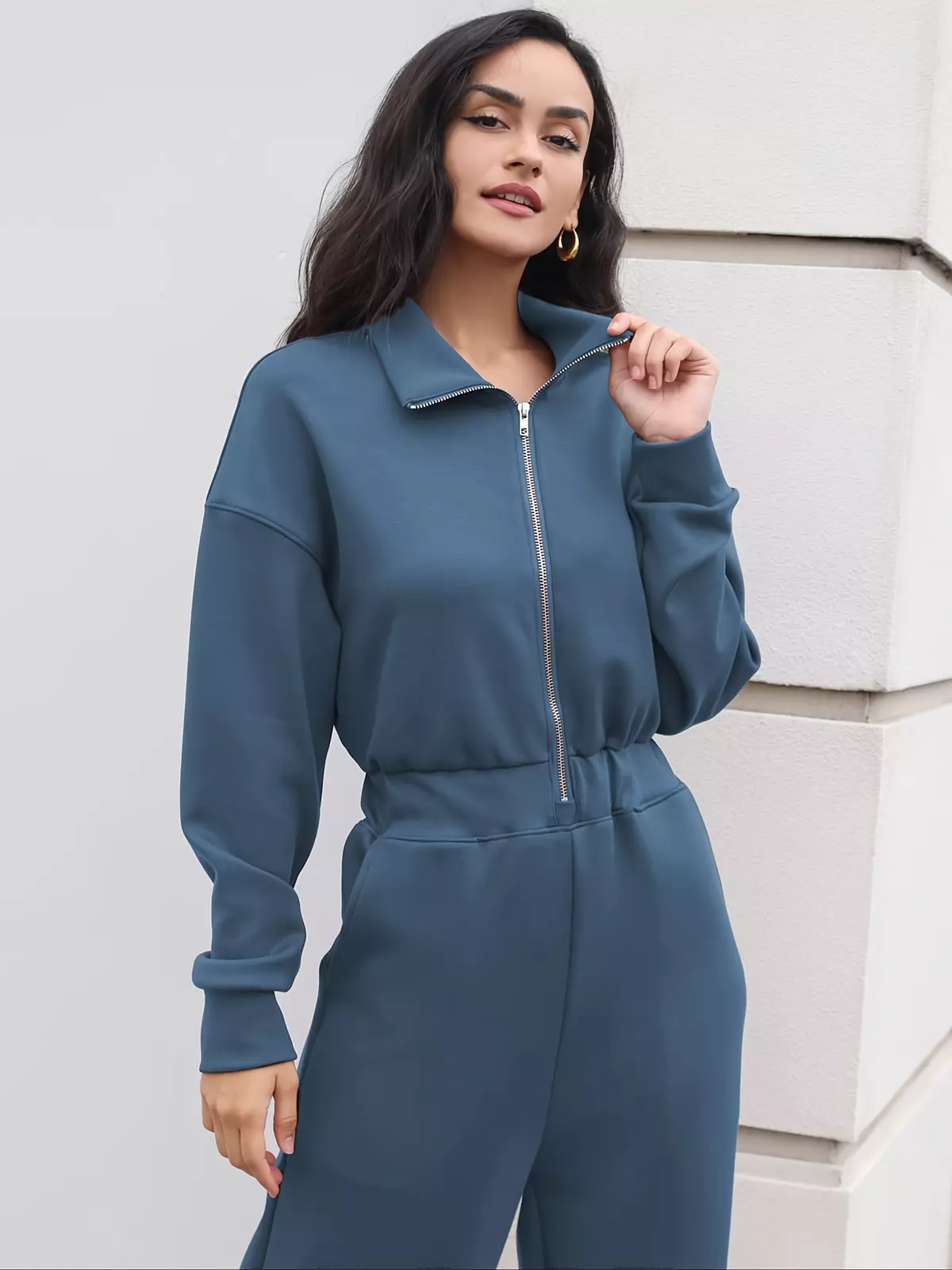 Airy Essential Long Sleeve Wide Leg Jumpsuits Women Casual Zip Up One Piece Romper Pockets-Dark Gray