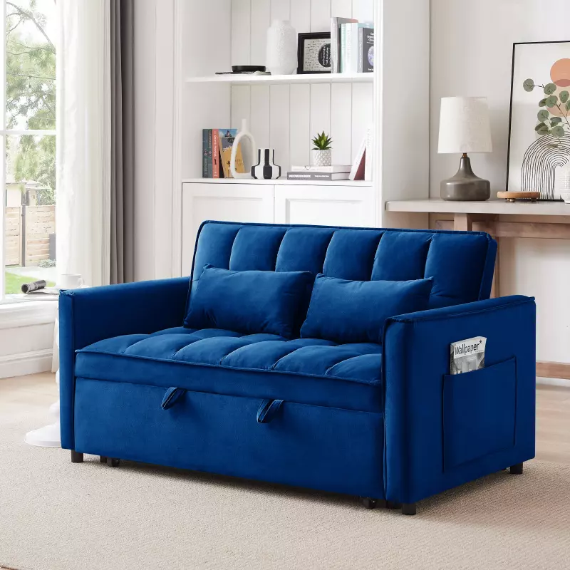 55.1-inch 3-in-1 convertible sofa bed, modern velvet double sofa Futon sofa bed with adjustable back, storage bag and pillow, for living room, bedroom (blue)-Blue Metal & Wood 2 Seat