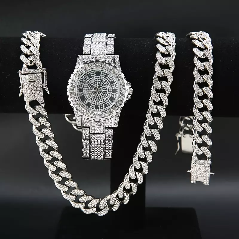 3pcs/set, Men And Women's Wrist Watch & Bracelet Necklace Set, Christmas Gift-Silvery