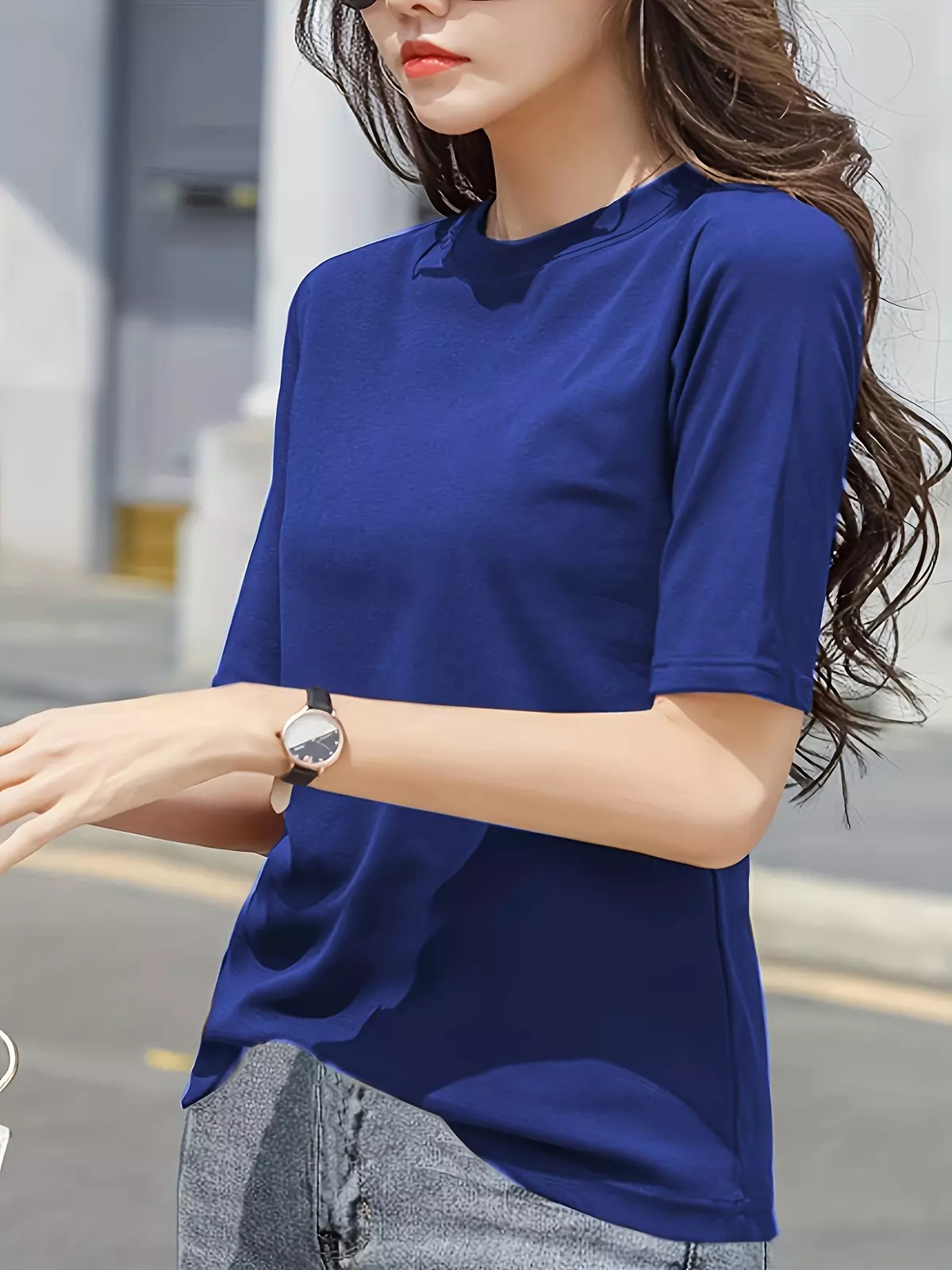 Short Sleeve Crew Neck T-Shirt, Casual Top For Summer & Spring, Women's Clothing-Peacock Blue