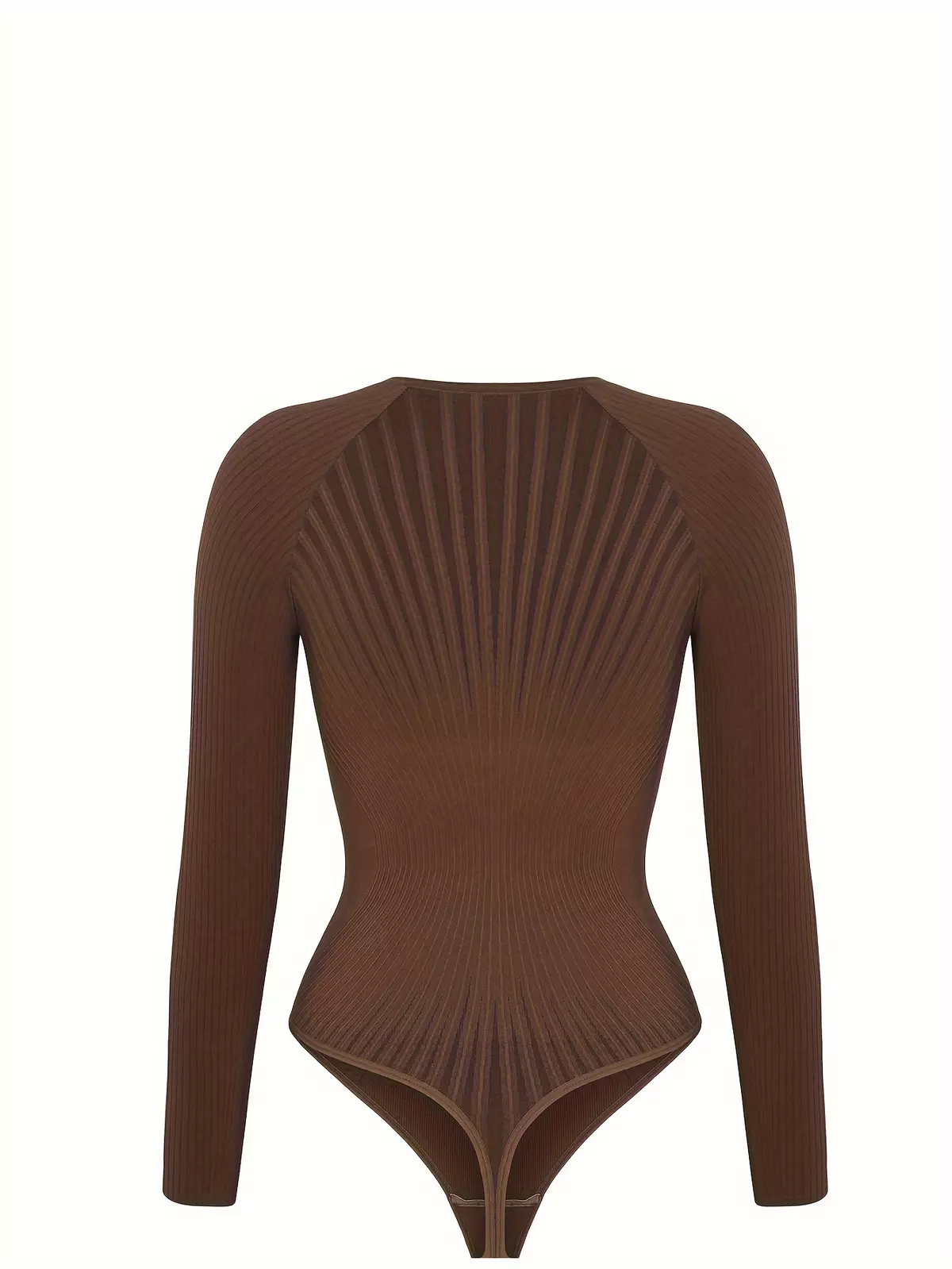 Women's Ribbed Bodysuit, Long Sleeve, Form-Fitting, Casual Wear, Solid Stretchable, Comfort Fit, Versatile Fashion Piece-Coffee