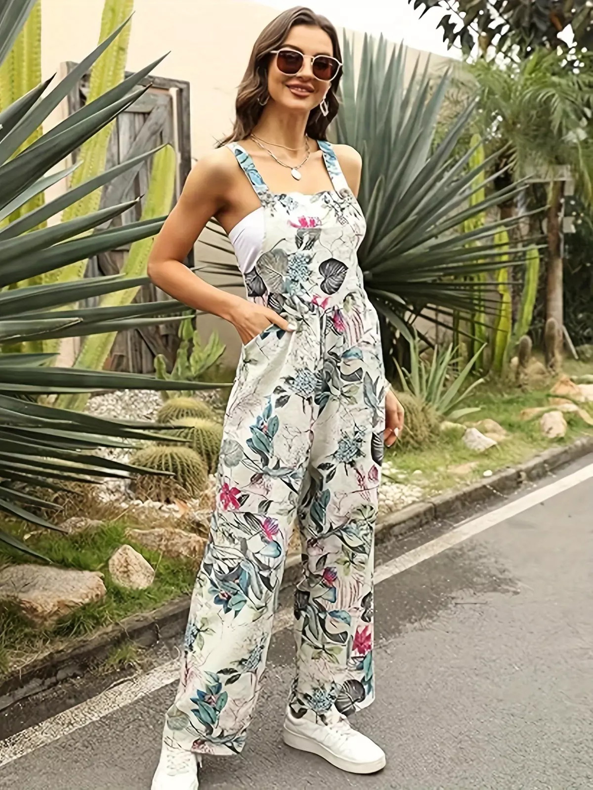 Uaneo Floral Print Overall Jumpsuit, Casual Square Neck Side Pockets Button Decor Sleeveless Overall Jumpsuit For Spring & Summer, Women's Clothing-White