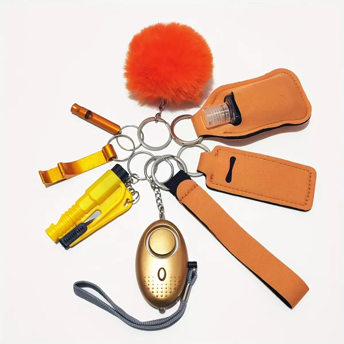 9pcs Safety Keychain Full Set, Self Defense Security Keychain Set With Personal Alarm, Protective Keychain Accessories Gift For Women Girls-Tangerine