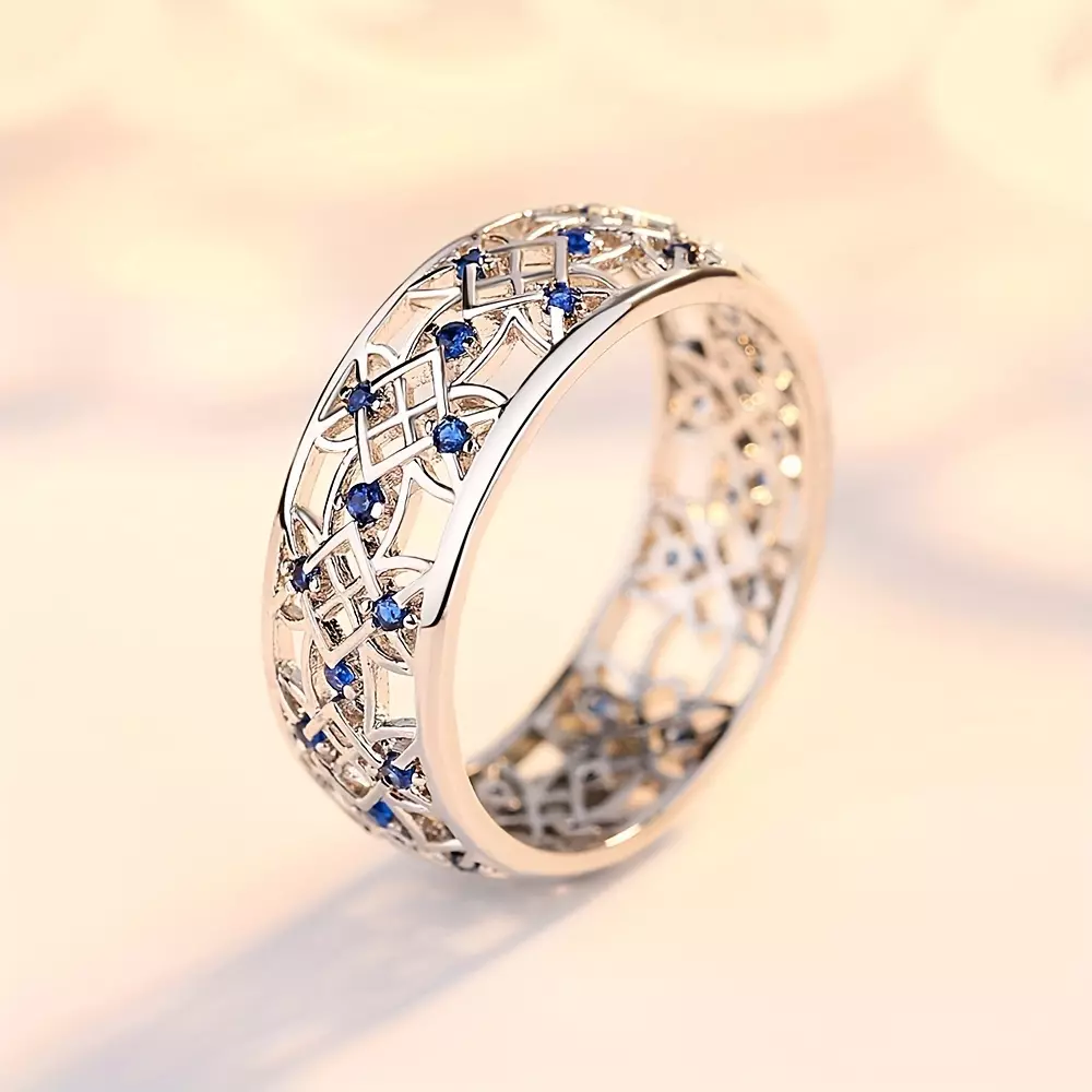 925 Sterling Silver Inlay Blue Super Shine Zircon Wedding Ring Niche Design Ring Jewelry