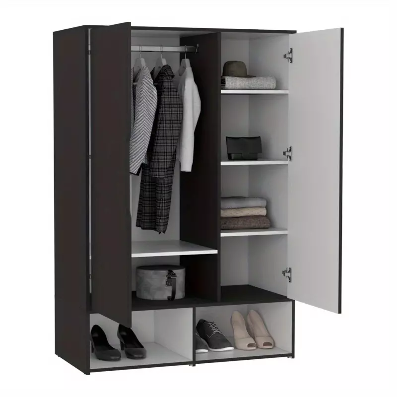 Rosie Armoire, Two Open Shelves, Double Door, Five Shelves, Hanging Rod -Black / White Bedroom wardrobe