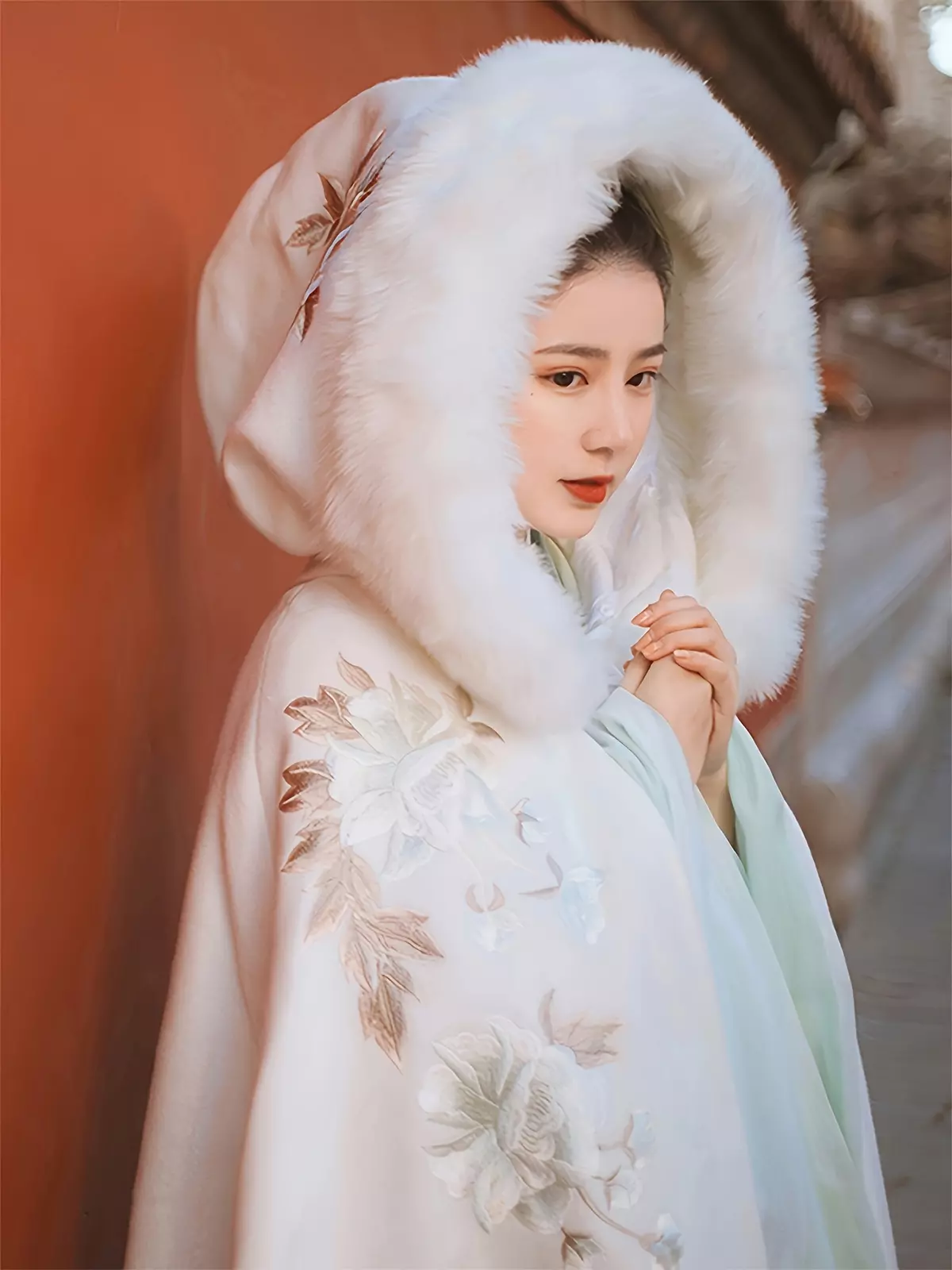 Faux Fur Trim Hooded Cloak, Chinese Vintage Floral Pattern Cape, Women's Clothing