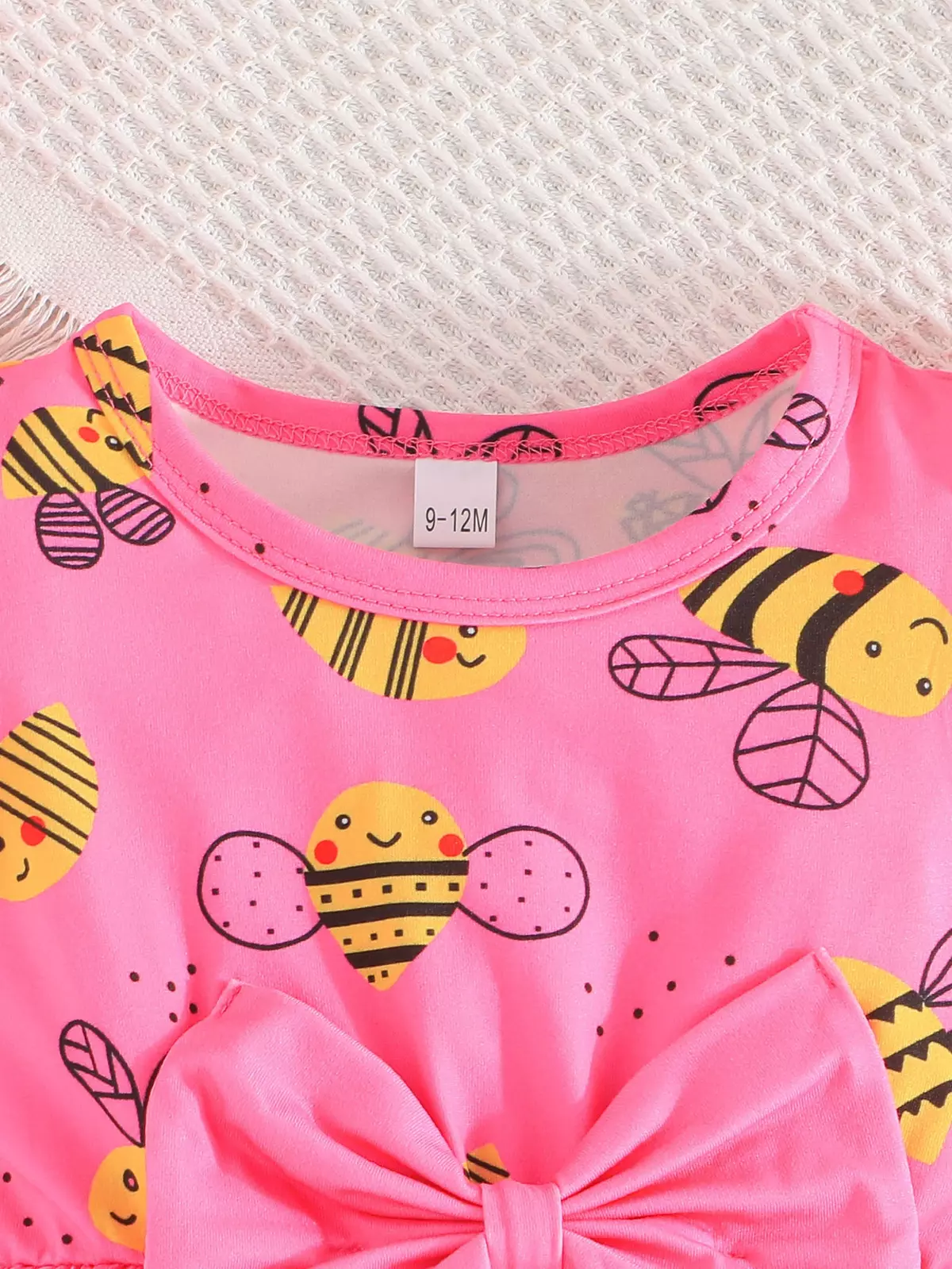 Baby Girls Cute Cartoon Bee Letter Print Bow Decor Casual Dress Set Two-piece Set-Sky Blue