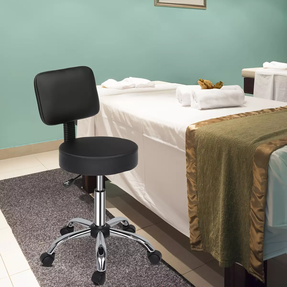 Semi-PU Leather Cover Round Stool With Backrest 300lbs Height Adjustable Chair With Wheels For Spa Salon Barber