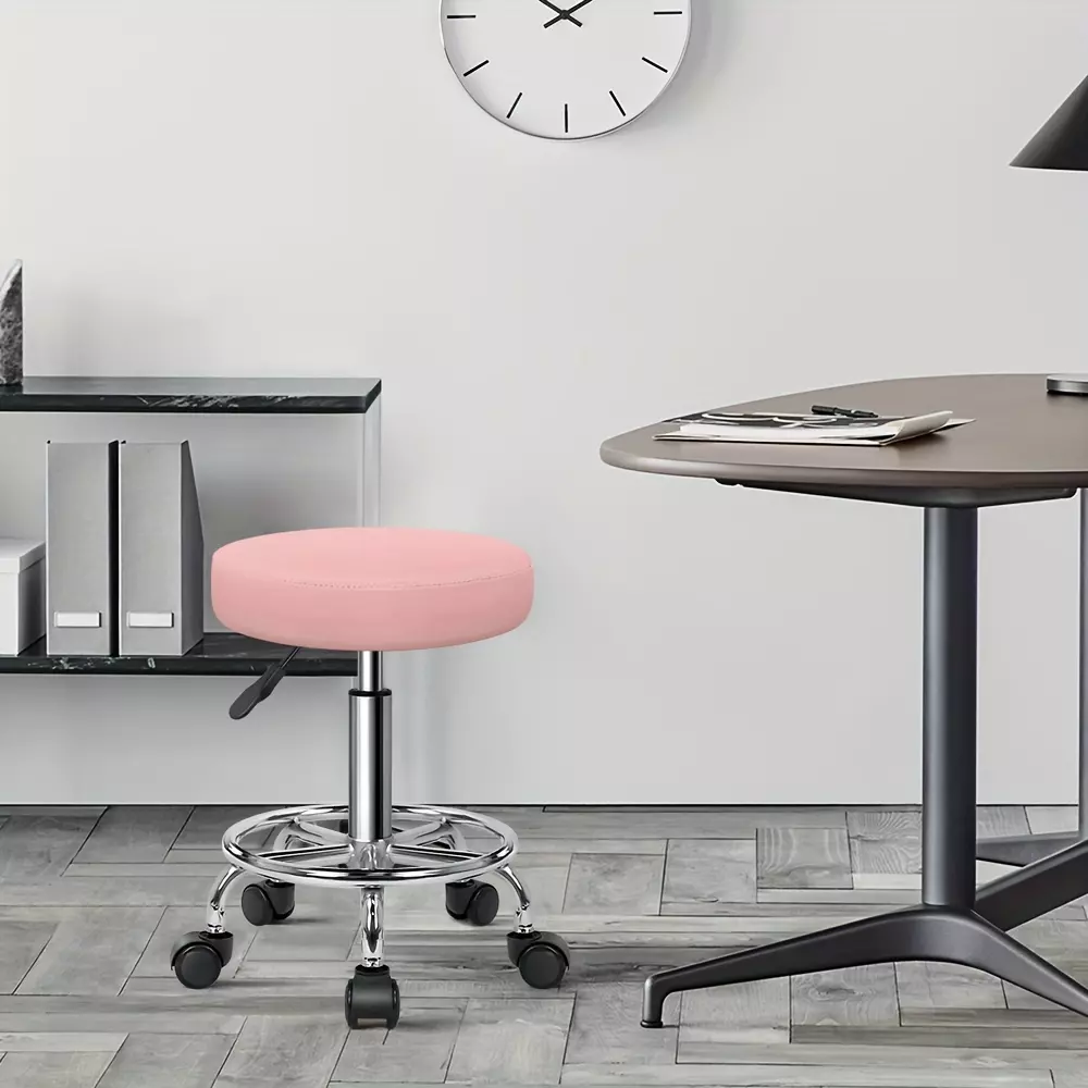 PU Leather Round Rolling Stool With Foot Rest Swivel Height Adjustment Spa Drafting Salon Tattoo Work Office Massage Stool