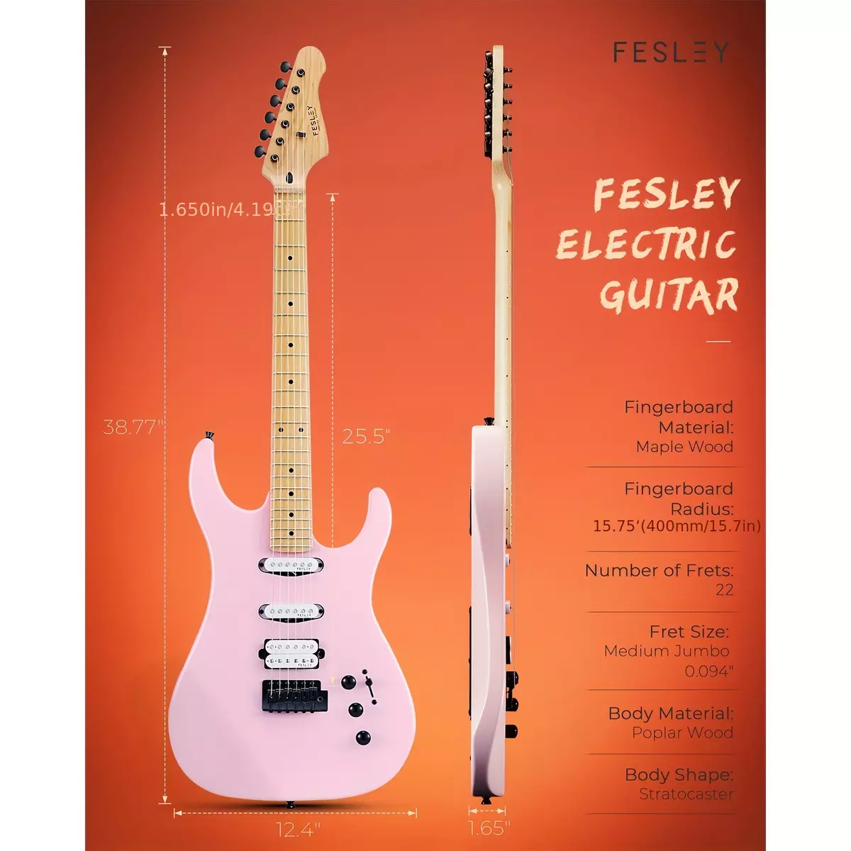 Fesley 39" Electric Guitar, Full Size Solid Body Electric Guitars For Beginner, ST Style, Maple Neck/Fretboard, Electric Guitar Kit With HSS Pickup, Gig Bag, Matte, Morandi Pink
