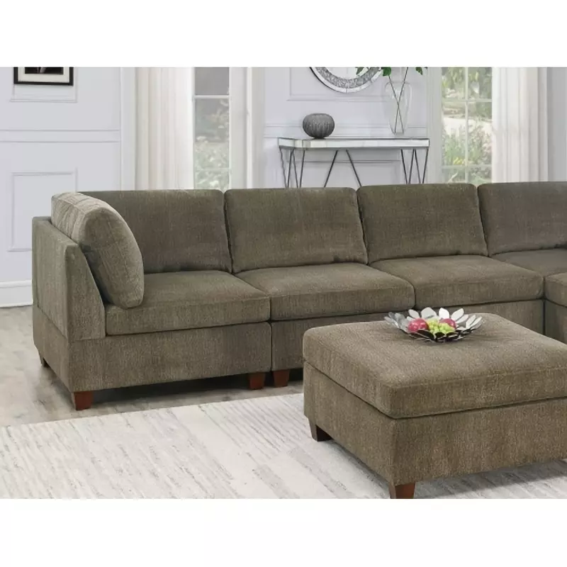 Living Room Furniture Tan Chenille Modular Sectional 8pc Set L-Sectional Modern Couch 2x Corner Wedge 4x Armless Chairs and 2x Ottoman Plywood