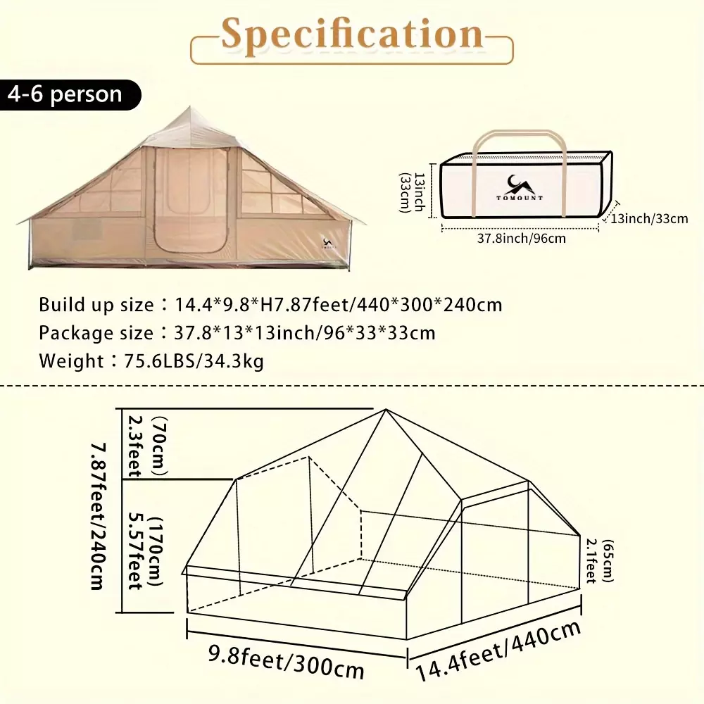 TOMOUNT Canvas Tent Wall Tent Cabin, 9.8 * 14.4 * 7.87feet High For Camping Glamping Car Camping