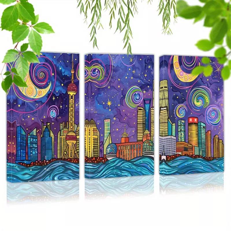 Framed 60cmx90cmx3pcs (24inchx36inchx3pcs) Canvas Wall Art Ready To Hang A Whimsical Drawing Of The Shanghai Skyline (1) Wall Art Prints Poster Wall Picrtures Decor For Home