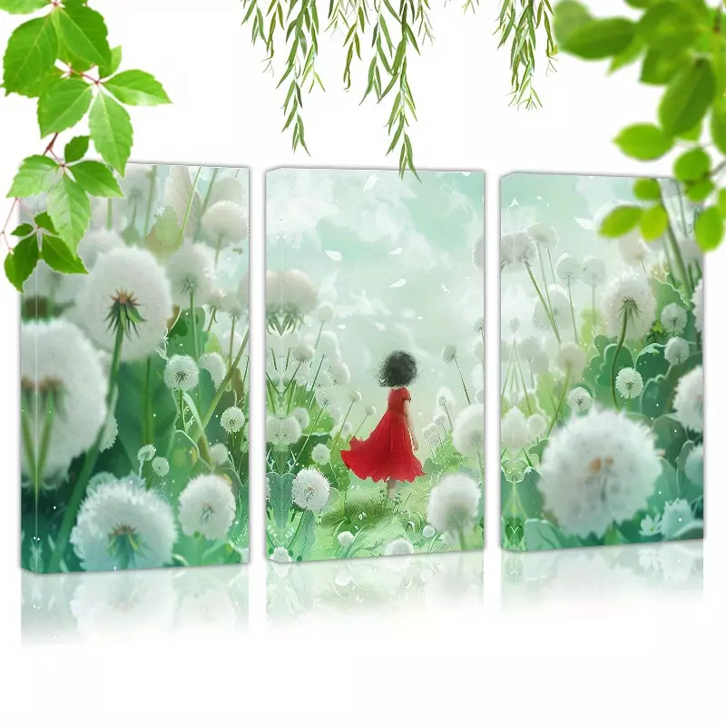 Framed 60cmx90cmx3pcs (24inchx36inchx3pcs) Canvas Wall Art Ready To Hang The Little Girl Played With The Dandelion (1) Wall Art Prints Poster Wall Picrtures Decor For Home