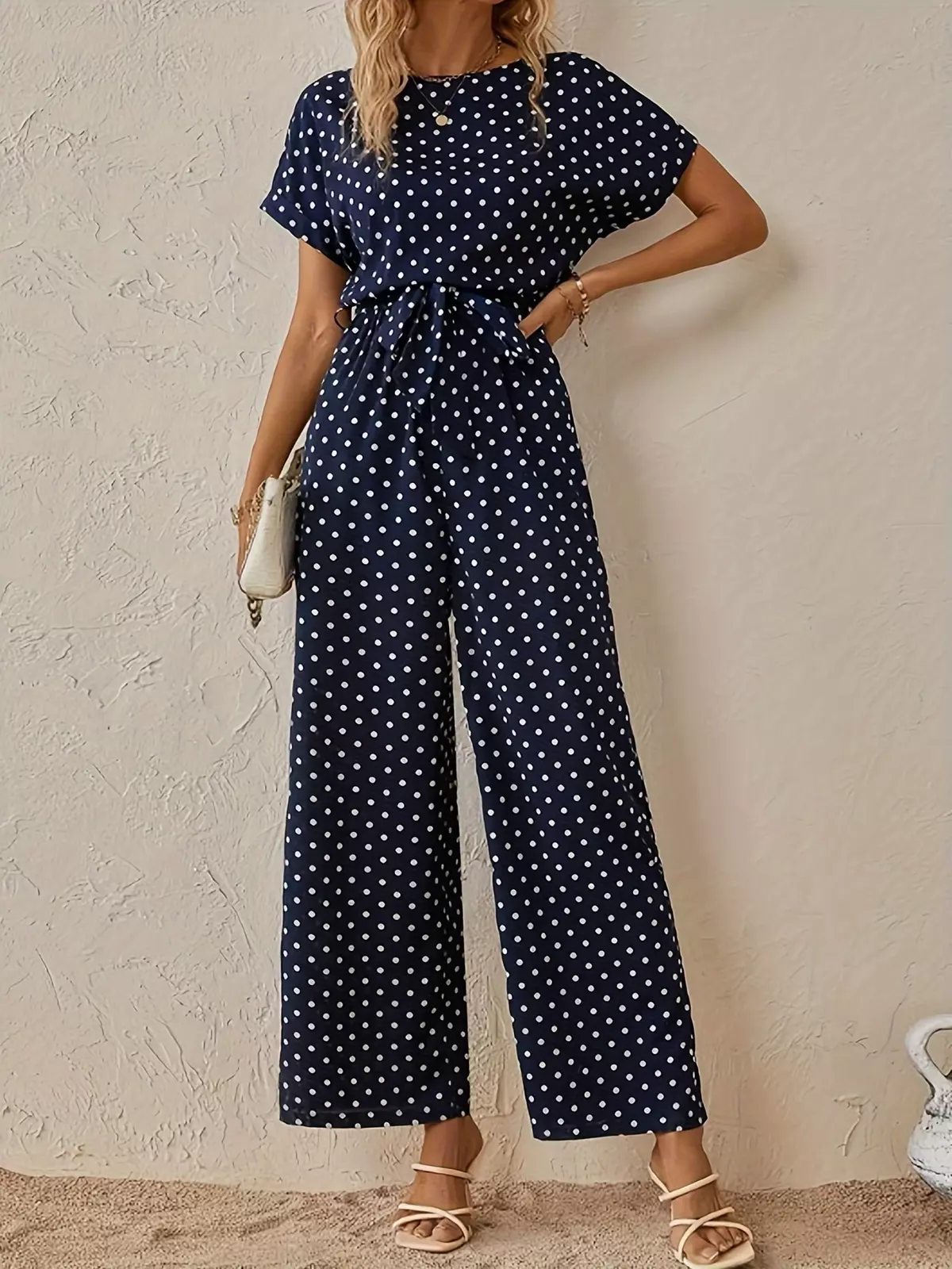 Polka Dot Pattern Jumpsuit, Elegant Short Sleeve Wide Leg Jumpsuit For Spring & Summer, Women's Clothing