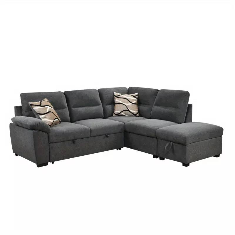 95'' Sectional Sofa with Ultra Soft Back Cushion,Sleeper Sectional Sofa with Pull Out Couch Bed and Storage Ottoman,Gray-Beige Upholstered Foam Modern