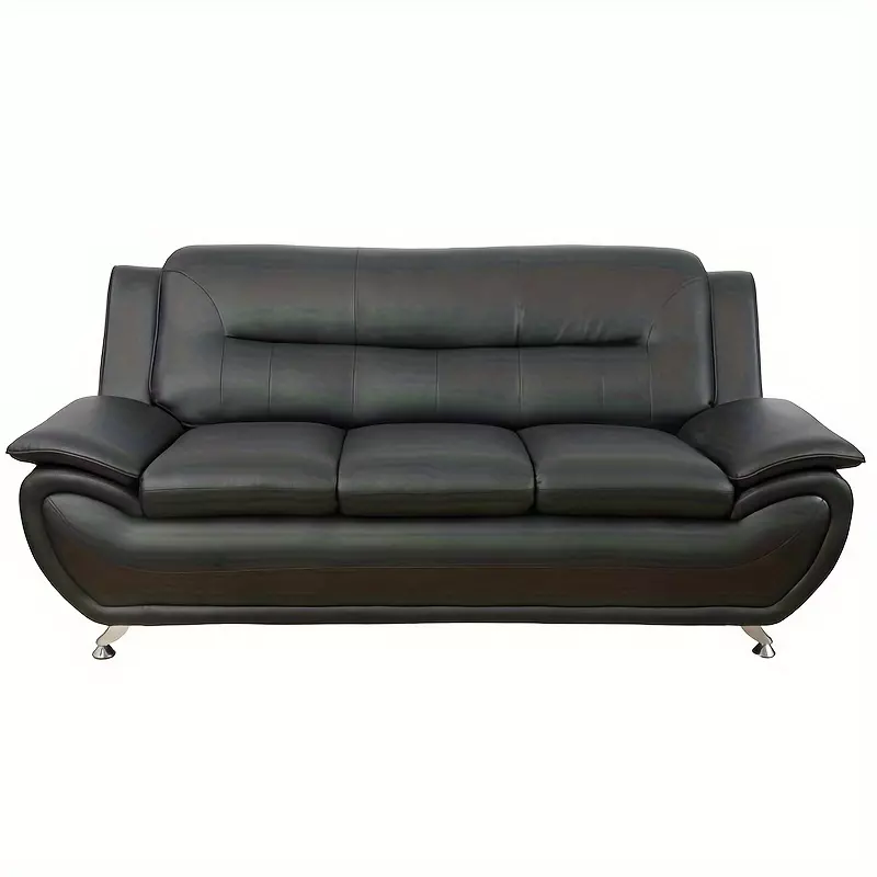 1pc Three Seat Minimalist Black Leather Sofa, Living Room Small Bedroom Sofa