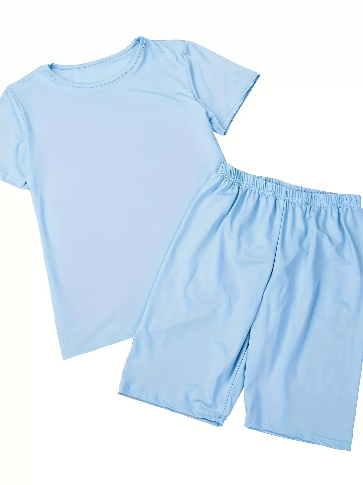 Casual Solid Color Sporty Two Pieces, Crew Neck Short Sleeve T-shirt & Biker Shorts Outfits, Women's Clothing-Rose Red
